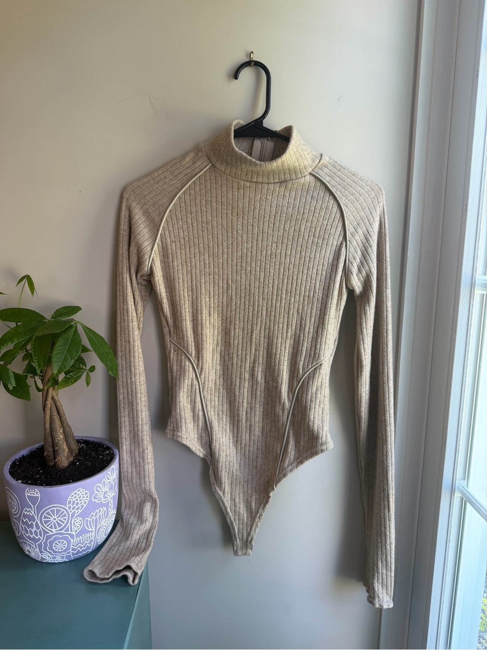 Manière De Voir Beige Ribbed Mock Neck Bodysuit